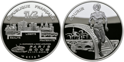 Франция 1 1/2 евро 2003 Чемпионат мира по лёгкой атлетике 2003 года в Сен-Дени, бег KM 1996 серебро PROOF 1095-3-42