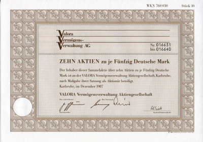 ФРГ 500 марок 1987 Акционерное общество по управлению активами Valora, десять акций   бумага   8803-110-1