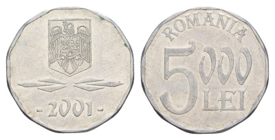 Румыния 5000 леев 2001 редкий год KM 158 алюминий aUNC 4635-247