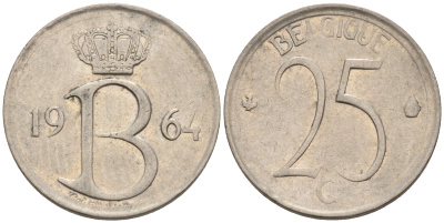 Бельгия 25 сантимов 1964 Belgique, Бодуэн I (1951-1993) KM 153.1 медно-никель 4564-134