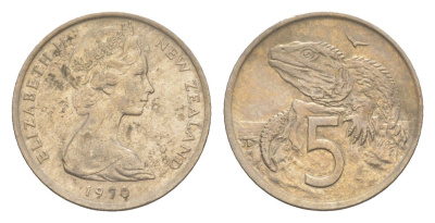 Новая Зеландия 5 центов 1970 Елизавета II (1952-2022), ящерица гаттерия KM 34 медно-никель 4651-165