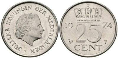 НИДЕРЛАНДЫ 25 ЦЕНТОВ 1974 ЮЛИАНА KM 183 никель 96-237
