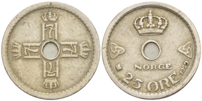 НОРВЕГИЯ 25 ЭРЕ 1929 ХОКОН VII (1905-1957) KM 384 медно-никель VF 3309-762