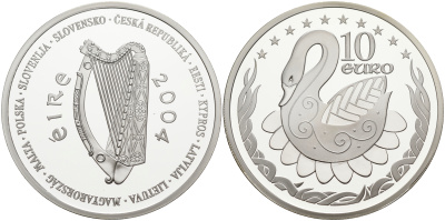 Ирландия 10 евро 2004 лебедь, президенство в Евросоюзе KM 42 серебро PROOF 02-127-35
