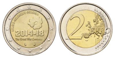 Бельгия 2 евро 2014 100 лет началу Первой Мировой войны KM 345 биметалл UNC 4693-1222