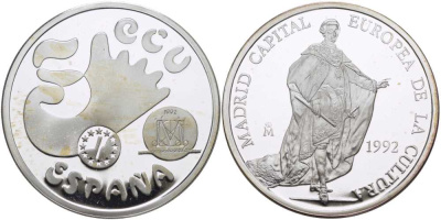 Испания 5 экю 1992 Мадрид, культурная столица Европы, Хуан Карлос I, в оригинальной деревянной коробке, с сертификатом  серебро  PROOF  4-3-1-13