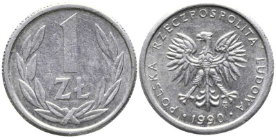 ПОЛЬША 1 ЗЛОТЫЙ 1990 MW KM 49.3 алюминий 105-969