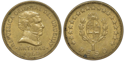 Уругвай 1 песо 1965 KM 46 алюминиевая бронза 190-1156