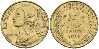 Франция 5 сантимов 1974 ТИП MORLON KM 933, Le Franc 125.10 медь алюминий никель 4564-766