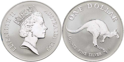 Австралия 1 доллар 1993 кенгуру прыгает вправо KM 211.1 серебро  UNC  00-00