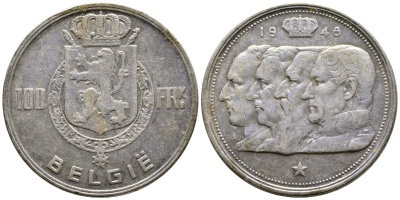 Бельгия 100 франков 1948 Belgie, королевская династия KM 139.1 серебро 4179-432