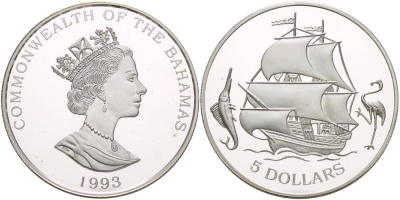 Багамские острова 5 долларов 1993 парусник, фламинго, марлин KM 170 серебро PROOF 1081-7-44