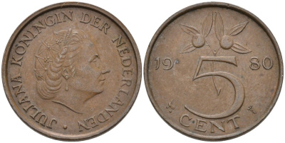 Нидерланды 5 центов 1980 Юлиана (1948-1980) KM 181 бронза 4573-413