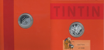 Бельгия набор из 24 монет + жетон 2004 50 лет первой ракете на Луне, TINTIN, 12 монет по 1 евроценту и 12 монет по 2 евроцента, тираж 10000 экз., жетон серебро, в оригинальном буклете, с сертификатом    UNC  1-5-3-21