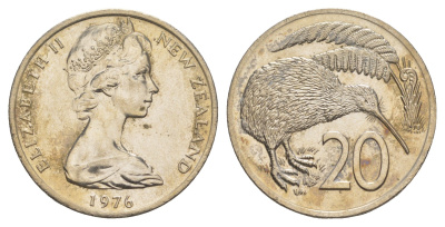 Новая Зеландия 20 центов 1976 Елизавета II (1952-2022), птичка киви KM 36 медно-никель aUNC 4683-125