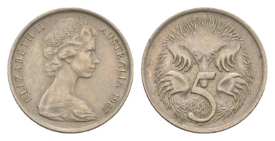 Австралия 5 центов 1967 Елизавета II (1952-2022) молодой портрет, ехидна KM 64 медно-никель 4151-338