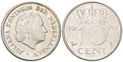Нидерланды 10 центов 1970 Юлиана (1948-1980) KM 182 никель 214-1247