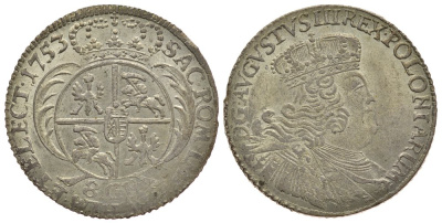 Польша 8 грошей 1753 EC, Август III (1733-1763) KM 156 (C12) серебро 00-808-08