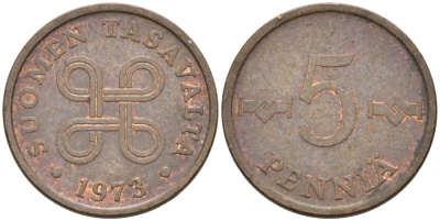 ФИНЛЯНДИЯ 5 ПЕННИ 1973 KM 45 медь 4549-1016
