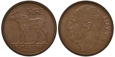 НОРВЕГИЯ 5 ЭРЕ 1961 ЛОСЬ, УЛАФ V (1957-1991) KM 405 бронза 32-1026