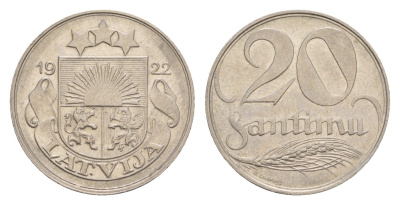 Латвия 20 сантимов 1922 год-тип KM 5 никель    4658-1246