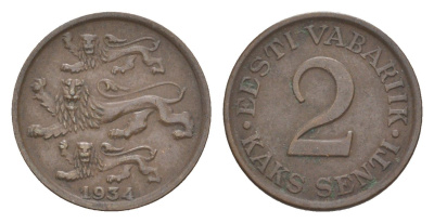 Эстония 2 сента 1934 KM 15 бронза 4644-1267