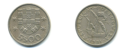 ПОРТУГАЛИЯ 5 ЭСКУДО 1981 ПАРУСНИК KM 591 медно-никель 176-316