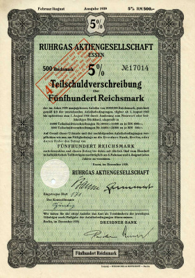 Германия 500 рейхсмарок 1939 Акционерное общество Рургас Эссен, 5% -ное частичное долговое обязательство с маркой конвертации под 4% -ную процентную ставку, облигация   бумага  8801-60-1