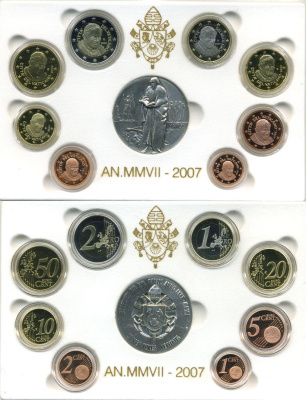 Ватикан евронабор из 8 монет + серебряная медаль 2007 Бенедикт XVI, в оригинальной коробке, с сертификатом KM PS 20 биметалл PROOF 5-4-6-04