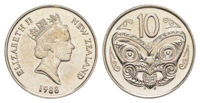 Новая Зеландия 10 центов 1988 Елизавета II (1952-2022), маска маори KM 61 медно-никель UNC 4652-652
