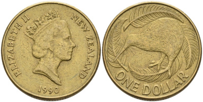 Новая Зеландия 1 доллар 1990 Елизавета II (1952-2022), птица киви KM 78 алюминиевая бронза 24-757