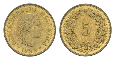 Швейцария 5 раппенов 1993 B KM 26c алюминиевая бронза 4609-365