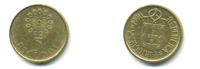 ПОРТУГАЛИЯ 5 ЭСКУДО 1990 KM 632 никель латунь 176-555