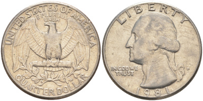 США 25 ЦЕНТОВ = КВОТЕР 1981 D, ВАШИНГТОН KM A164a медь плакированная медно-никелем 4114-825