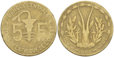 ВАЛЮТНЫЙ СОЮЗ СТРАН ЗАПАДНОЙ АФРИКИ 5 ФРАНКОВ 1986 KM 2а алюминиевая бронза 4551-845