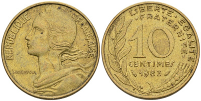 ФРАНЦИЯ 10 САНТИМОВ 1983 ТИП MARIANNE KM 929, LE FRANC 144.23 медь алюминий никель 4573-1027