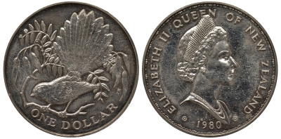 Новая Зеландия 1 доллар 1980 веерохвостка на ветке, Елизавета II (1952-2022) KM 49 медно-никель 4537-133