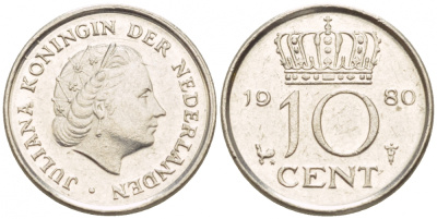 Нидерланды 10 центов 1980 Юлиана (1949-1980) KM 182 никель 4547-853