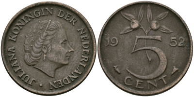 НИДЕРЛАНДЫ 5 ЦЕНТОВ 1952 ЮЛИАНА KM 181 бронза 95-253