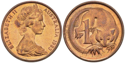 АВСТРАЛИЯ 1 ЦЕНТ 1983 ЕЛИЗАВЕТА II, МОЛОДОЙ ПОРТРЕТ, ОПОССУМ KM 62 бронза 100-935