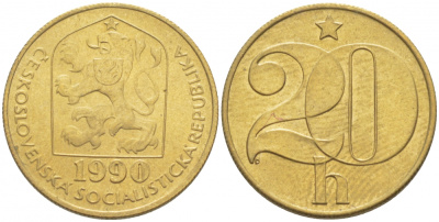 Чехословакия 20 геллеров 1990 KM 74 латунь 3309-731