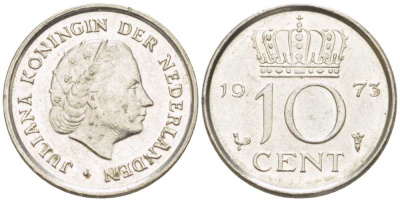 НИДЕРЛАНДЫ 10 ЦЕНТОВ 1973 ЮЛИАНА (1948-1980) KM 182 никель 214-1269