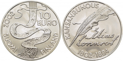 Финляндия 10 евро 2002 Элиас Леннрот, лингвист KM 108 серебро UNC 11-149-13