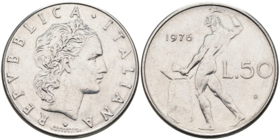 Италия 50 лир 1976 R, бог Вулкан у наковальни KM 95.1 нержавеющая сталь 4573-223