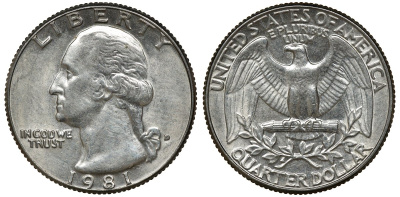 США 25 ЦЕНТОВ = КВОТЕР 1981 D, ВАШИНГТОН KM А164а медь покрытая медно-никелем 72-945