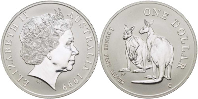 Австралия 1 доллар 1999 пара кенгуру KM 398 серебро  UNC  00-00