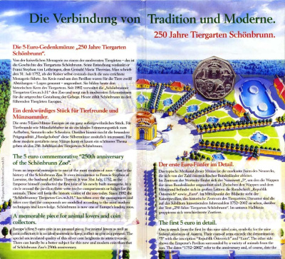 Австрия 5 евро 2002 250 лет Шенбруннскому зоопарку, в оригинальном буклете KM 3091 серебро UNC 7-6-1-39