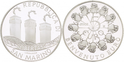 Сан-Марино 5 евро 2002 R, добро пожаловать евро KM 448 серебро PROOF 1087-2-13