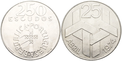 Португалия 250 эскудо 1976 Революция гвоздик 25 апреля 1974 года KM 604 серебро UNC 4558-332