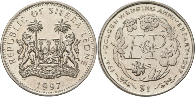 Сьерра-Леоне 1 доллар 1997 Золотая годовщина свадьбы - монограмма ЕР KM 53 медно-никель BU 4368-925